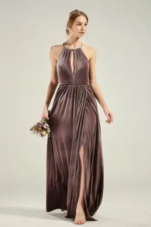halter keyhole bodice slit mocha brown velvet bridesmaid dress