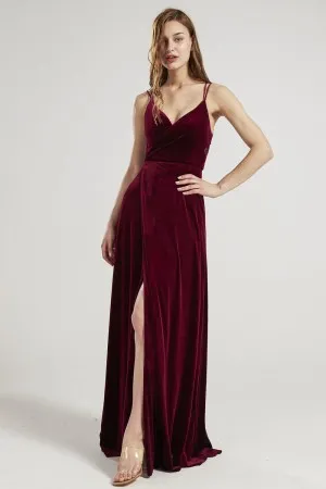 double spaghetti straps split maroon velvet bridesmaid dress