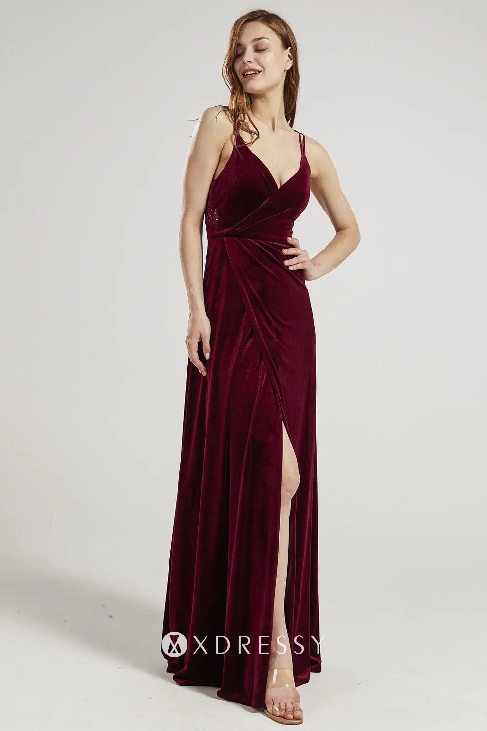 high split double spaghetti straps maroon velvet bridesmaid dress