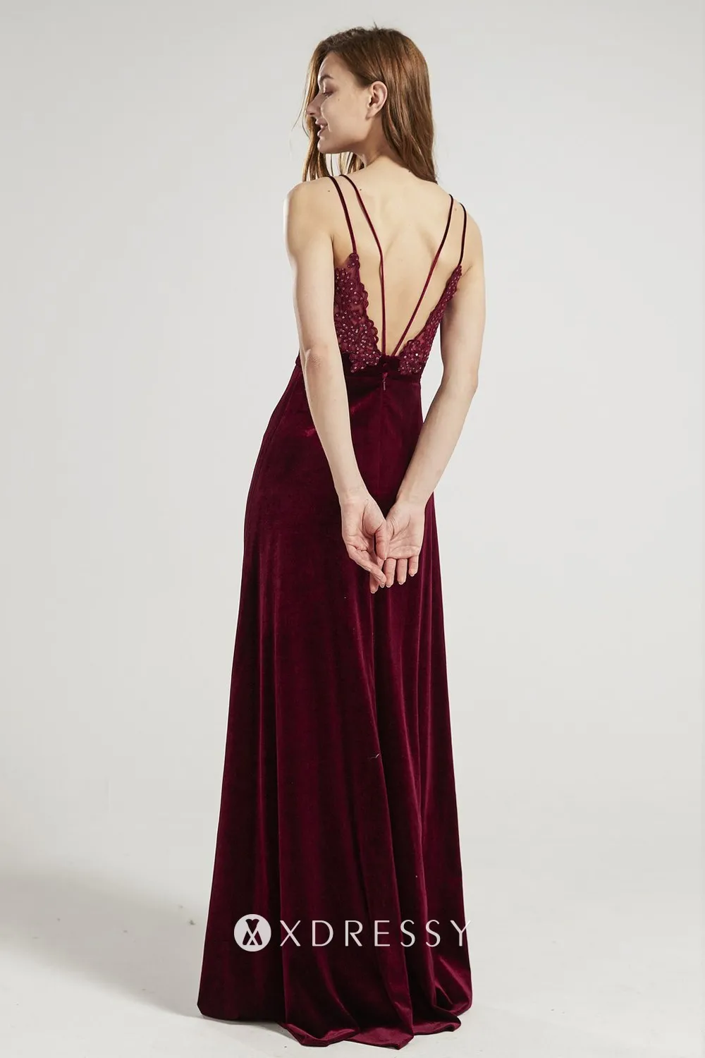 low V back maroon velvet bridesmaid dress
