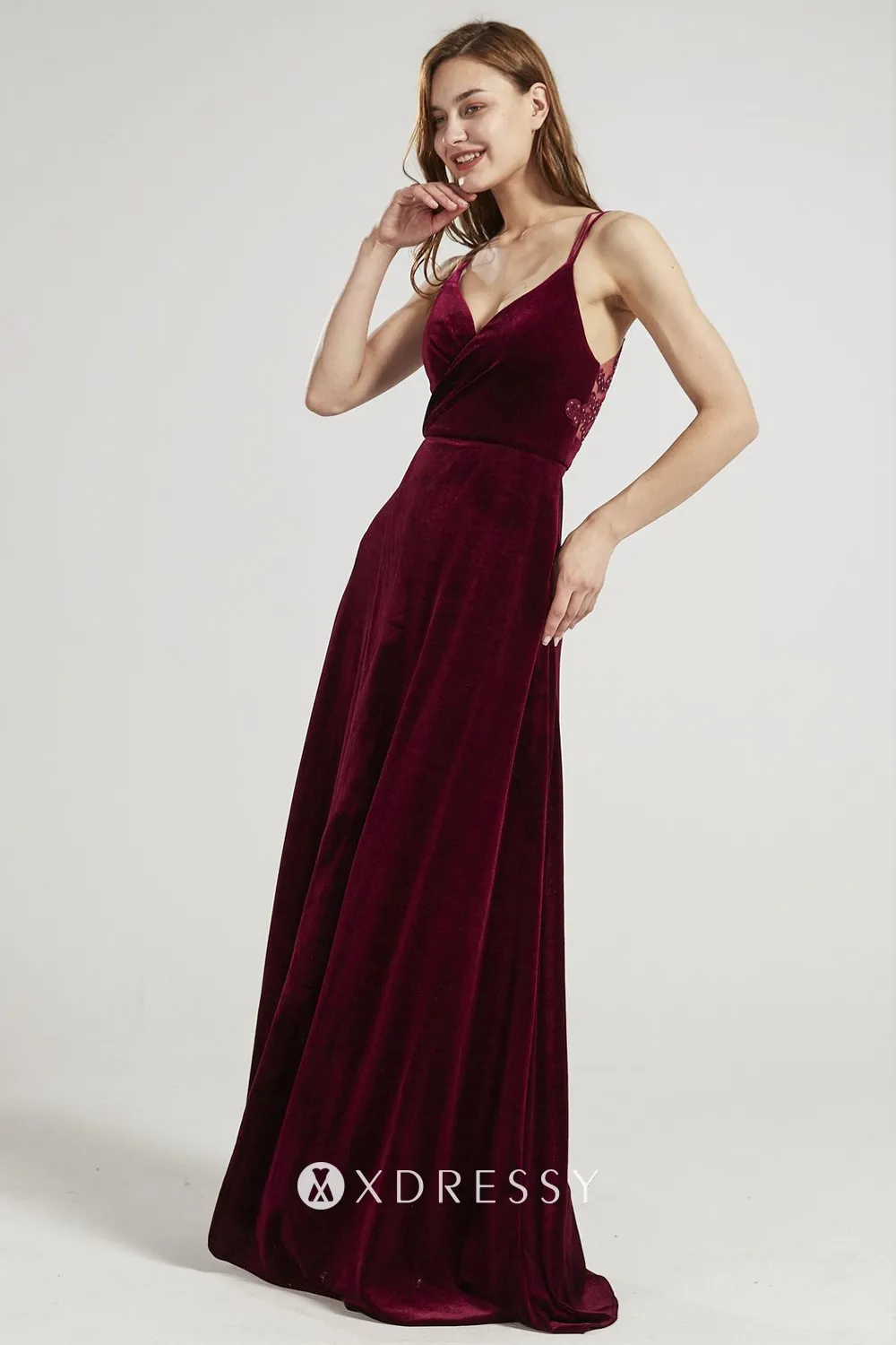 maroon velvet double spaghetti straps bridesmaid dress