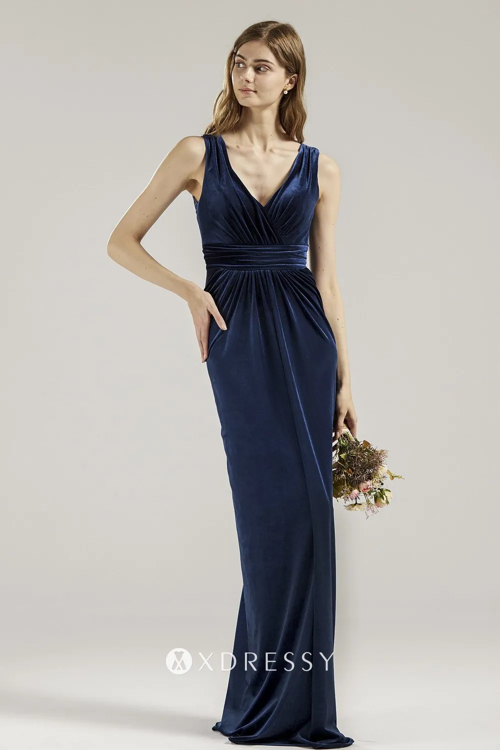 V neck sleeveless navy blue velvet bridesmaid gown V neck sleeveless navy blue velvet bridesmaid gown
