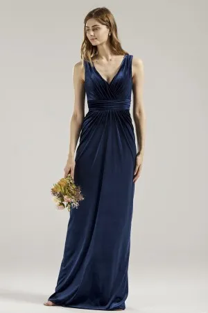 sheath silhouette navy blue velvet bridesmaid gown
