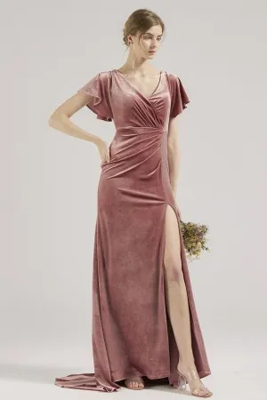 short flutter sleeves slit dusty pink velvet dress