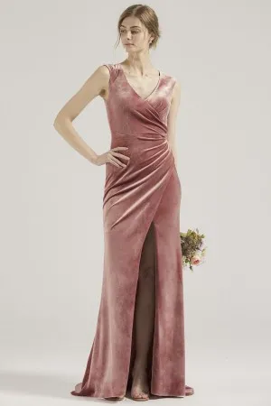 draped dusty pink velvet high slit bridesmaid gown