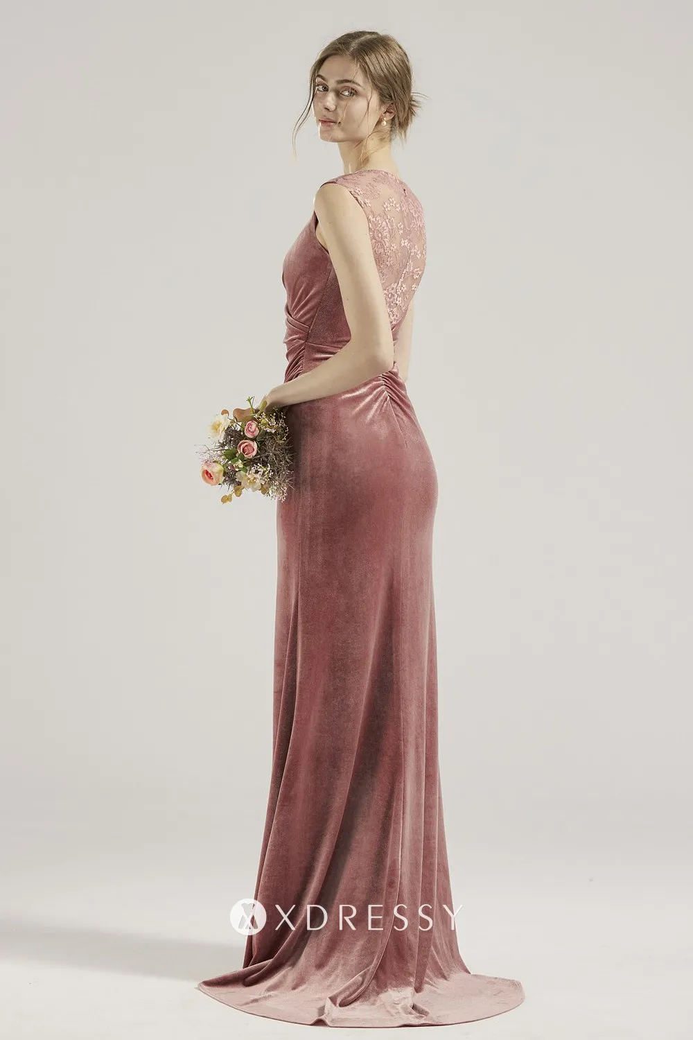 dusty pink velvet and lace bridesmaid gown
