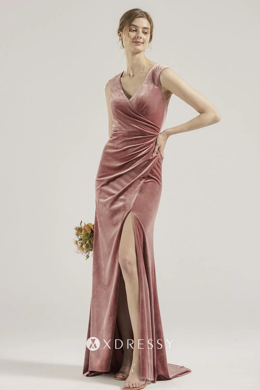 high slit draped dusty pink velvet bridesmaid gown