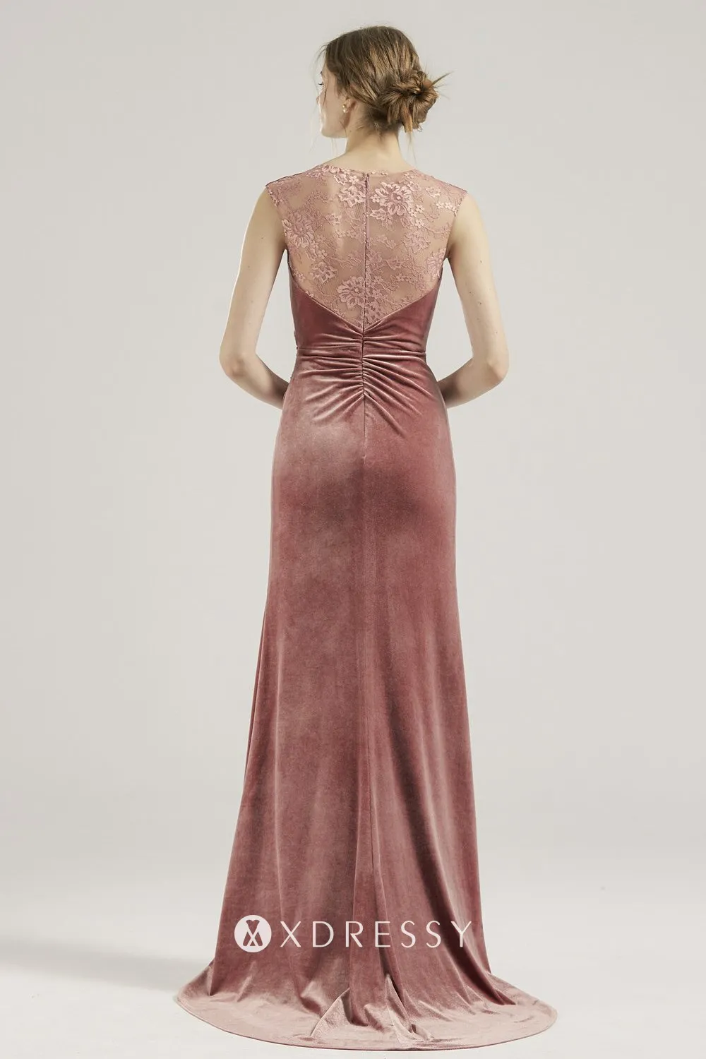 illusion back dusty pink velvet mermaid bridesmaid gown