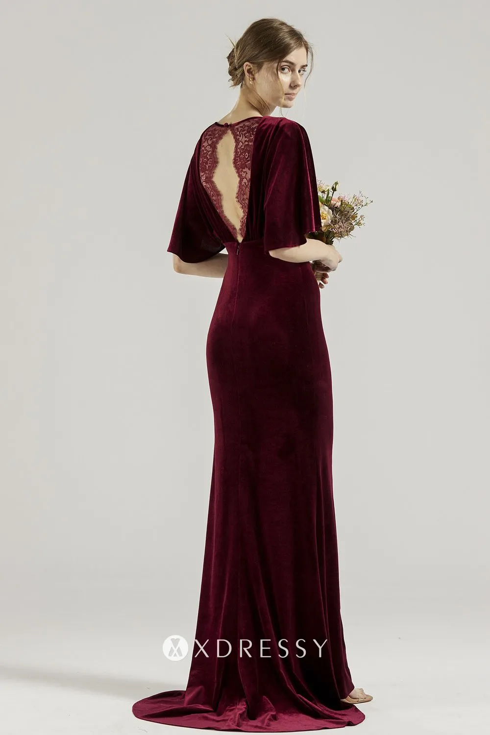 Wine Velvet Short Flutter Sleeves Bridesmaid Dress Xdressy