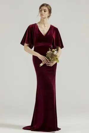 wine velvet short flutter sleeves bridesmaid dress