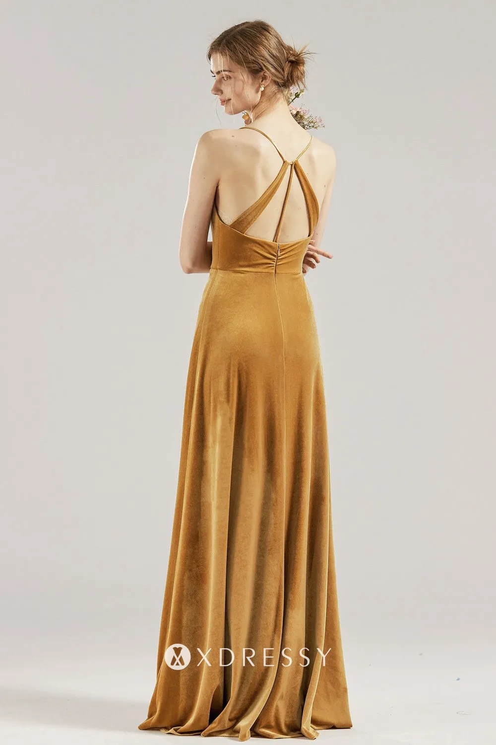 Simple Sexy Marigold Velvet Split Bridesmaid Dress Xdressy