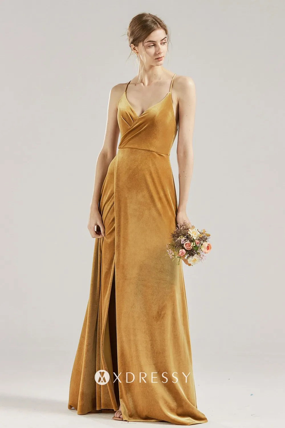 sexy marigold velvet split bridesmaid dress