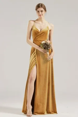 simple sexy marigold velvet split bridesmaid dress