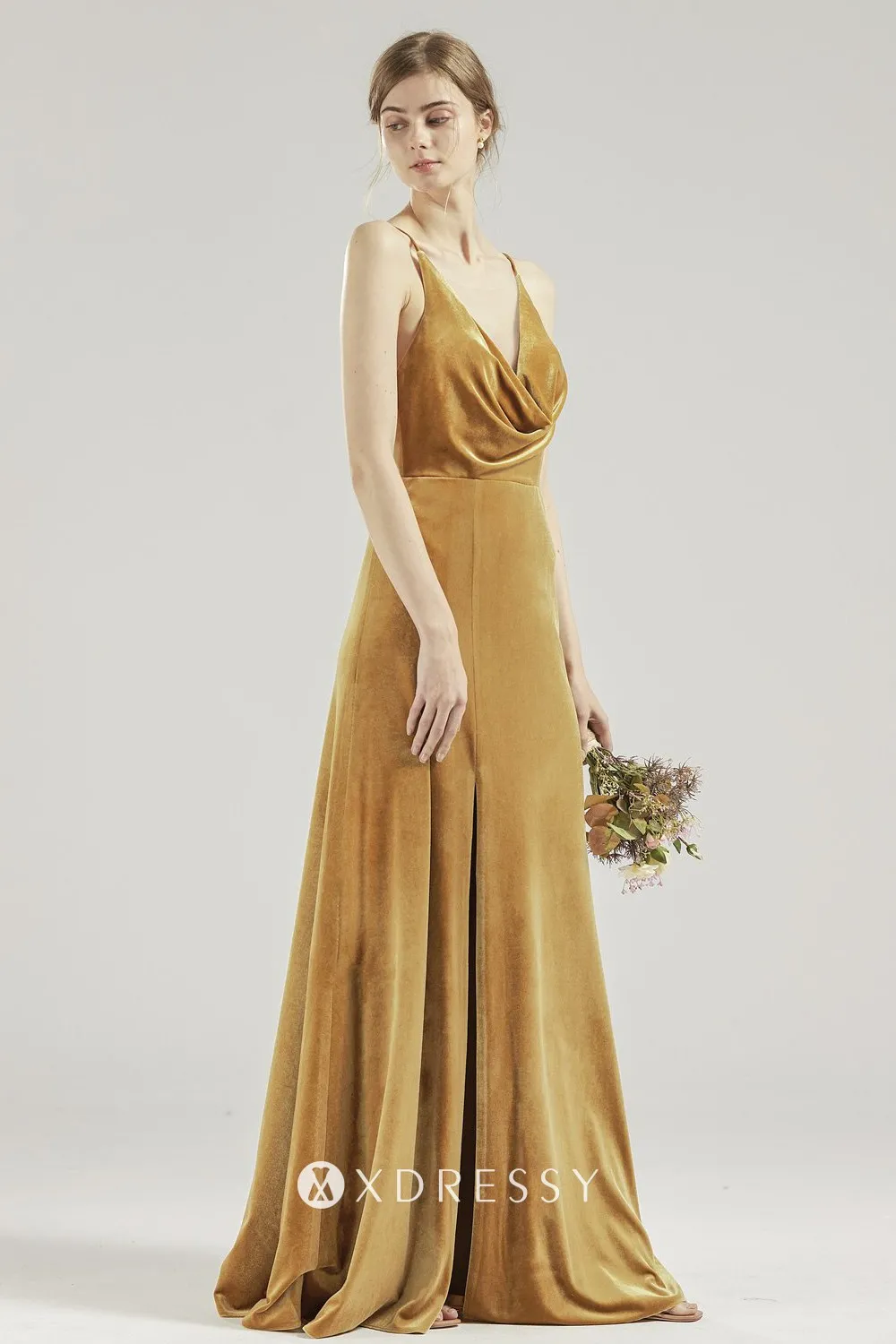 mustard velvet cowl V neck A line bridesmaid dress mustard velvet cowl V neck A line bridesmaid dress