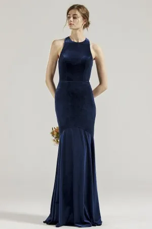 elegant halter neckline navy blue velvet bridesmaid dress