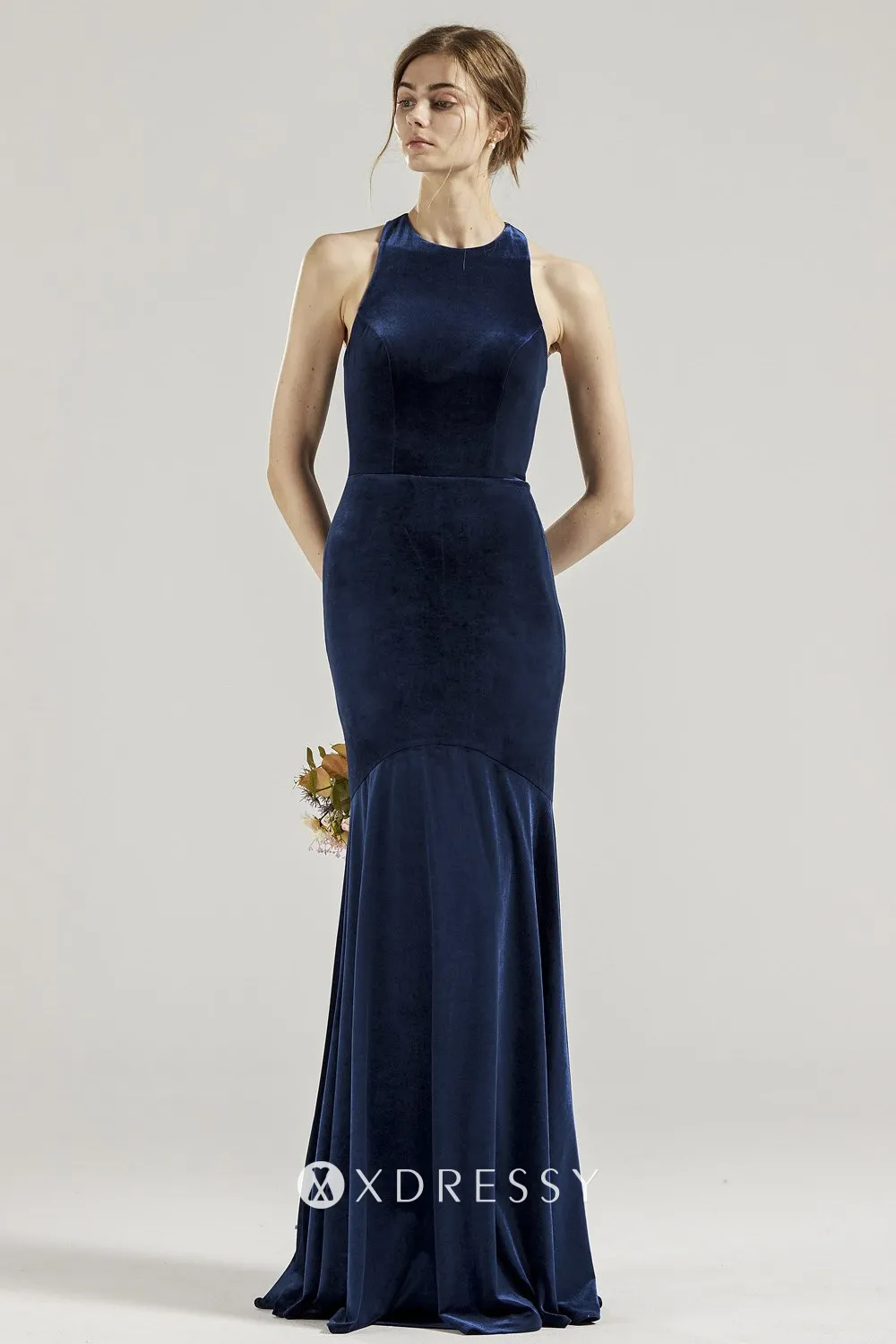 elegant halter neckline navy blue velvet bridesmaid dress