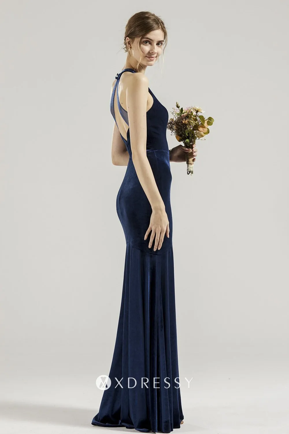 navy blue velvet bridesmaid dress