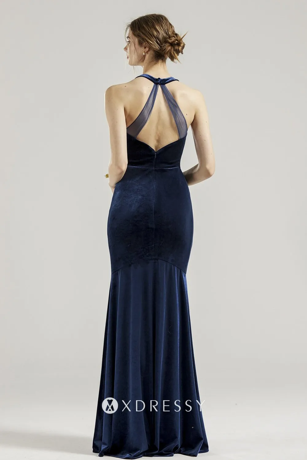 open back navy blue velvet bridesmaid dress