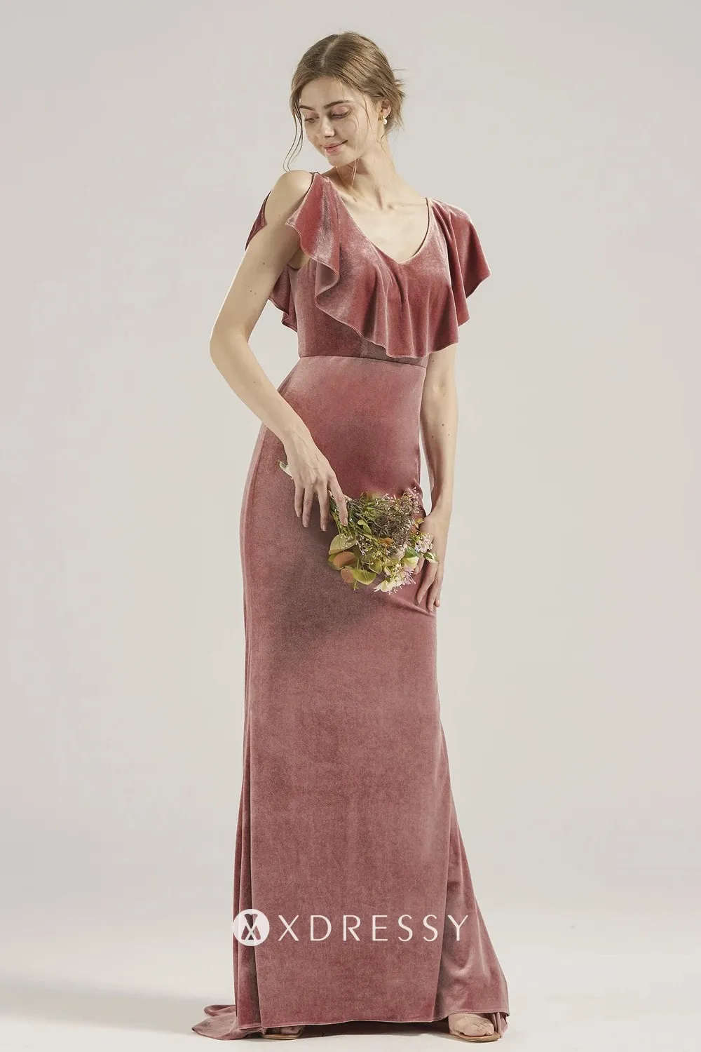 dusty pink velvet ruffled V neck bridesmaid gown dusty pink velvet ruffled V neck bridesmaid gown