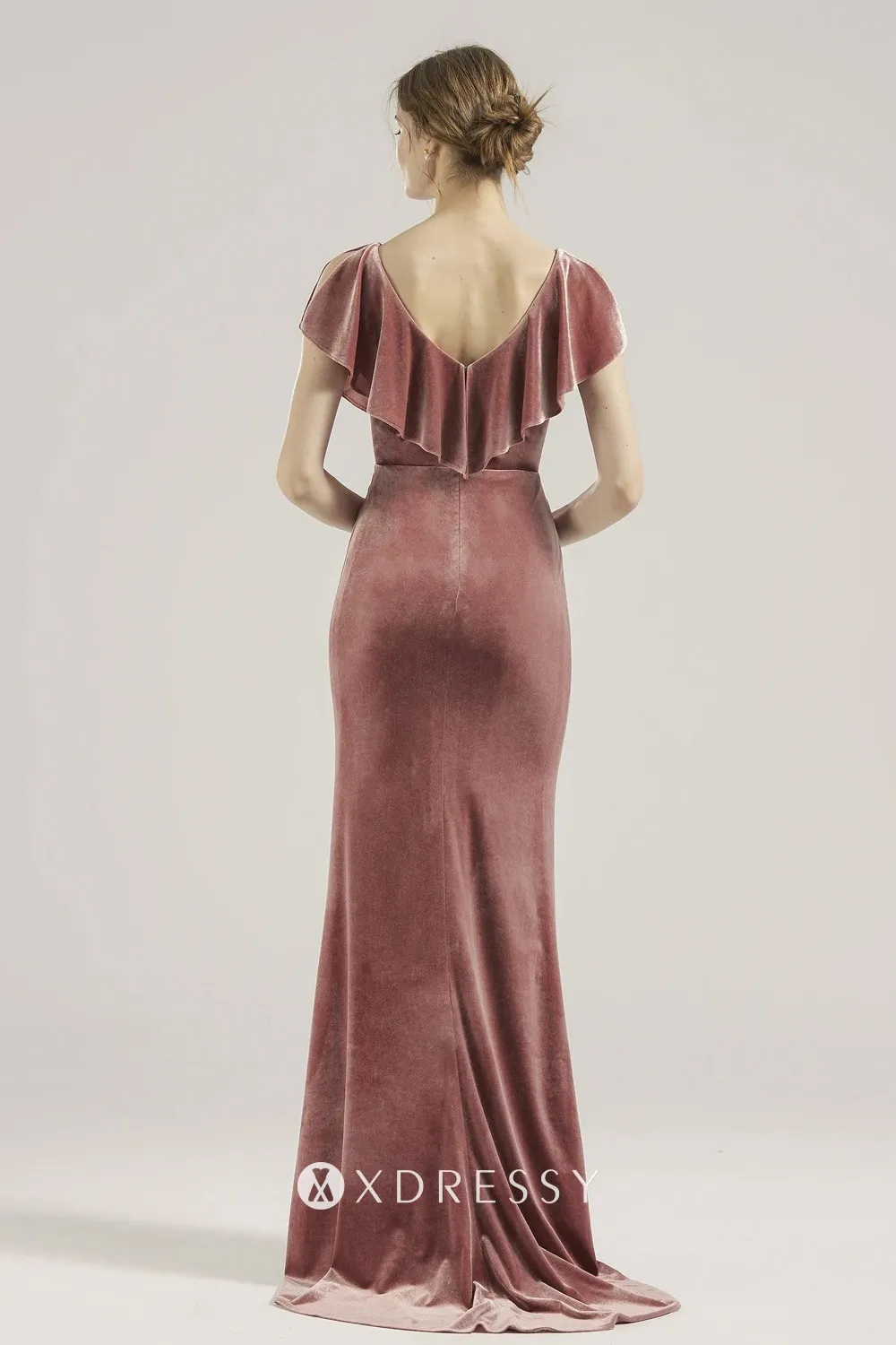 ruffled V back dusty pink velvet bridesmaid gown ruffled V back dusty pink velvet bridesmaid gown
