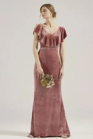 ruffled V neck V back dusty pink bridesmaid gown