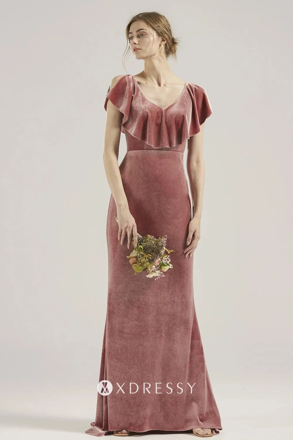 ruffled V neck V back dusty pink bridesmaid gown ruffled V neck V back dusty pink bridesmaid gown