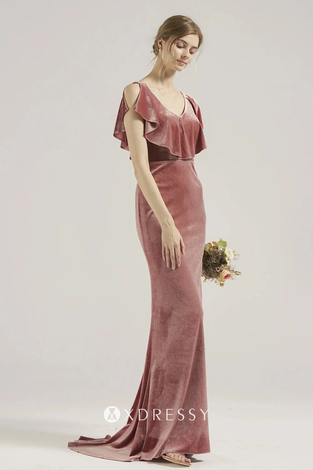 sheath silhouette ruffled V neck dusty pink bridesmaid gown sheath silhouette ruffled V neck dusty pink bridesmaid gown