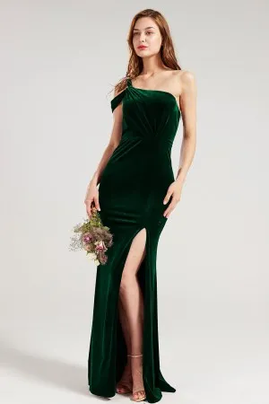 one shoulder high slit dark green bridesmaid dress