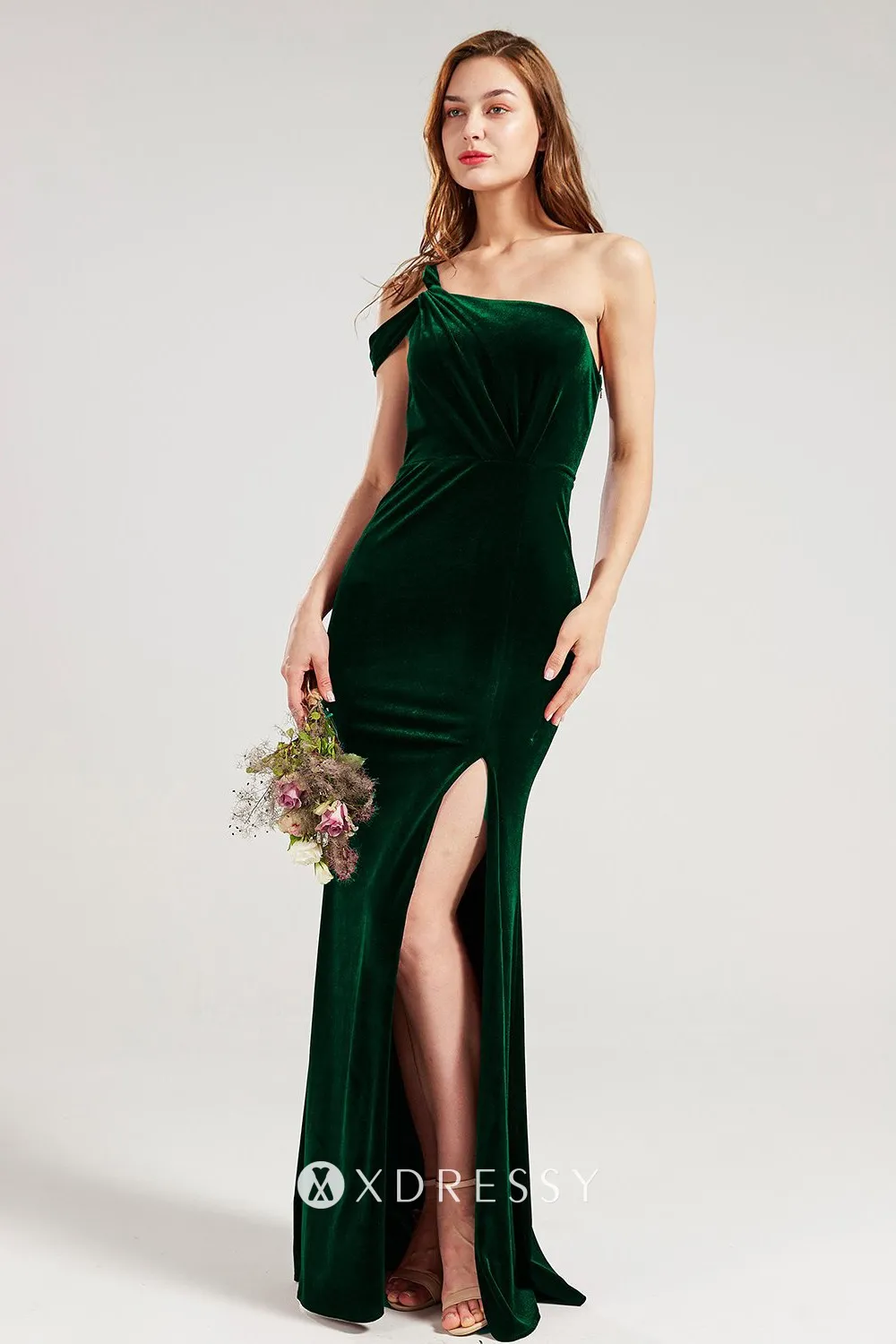 one shoulder high slit dark green bridesmaid dress one shoulder high slit dark green bridesmaid dress