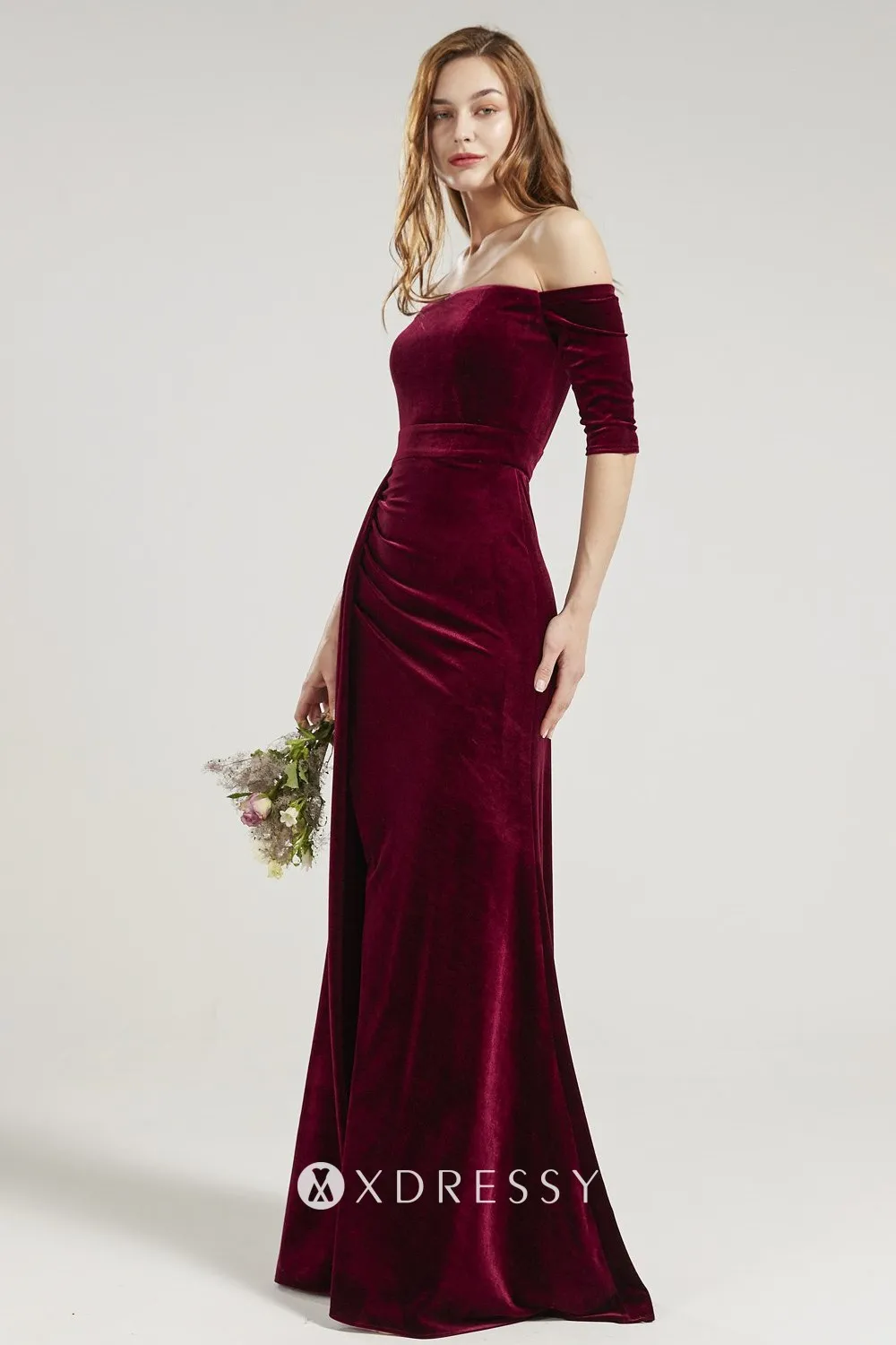 half sleeves wine velvet mermaid maid of honor dress half sleeves wine velvet mermaid maid of honor dress