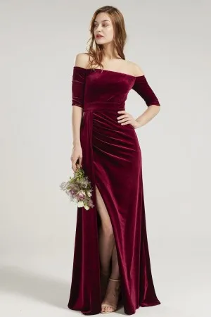 off the shoulder wine velvet split maid of honor dress