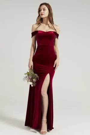 off the shoulder straps slit dark red velvet bridesmaid dress