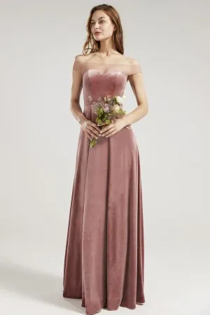 off the shoulder illusion sweetheart dusty rose velvet bridesmaid dress