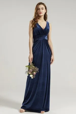 V neck sheath silhouette navy velvet bridesmaid dress