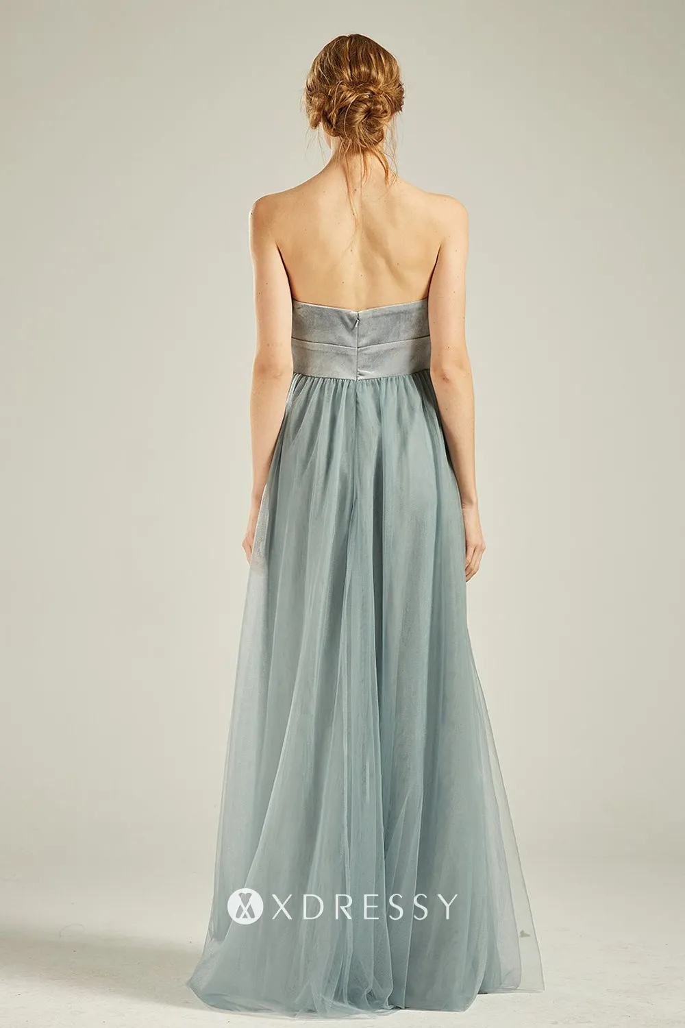 A line velvet and tulle long bridesmaid gown