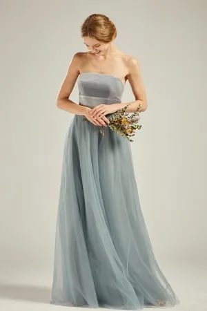 grey velvet and dusty blue tulle strapless long bridesmaid gown