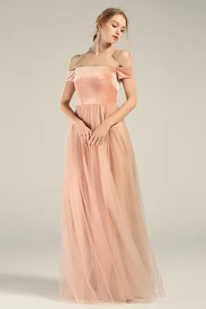 off the shoulder straight across neck peach bridesmaid dress