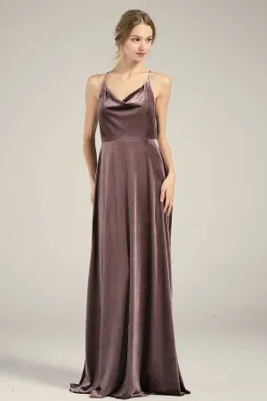 Cowl Neckline Mocha Brown Velvet Bridesmaid dress