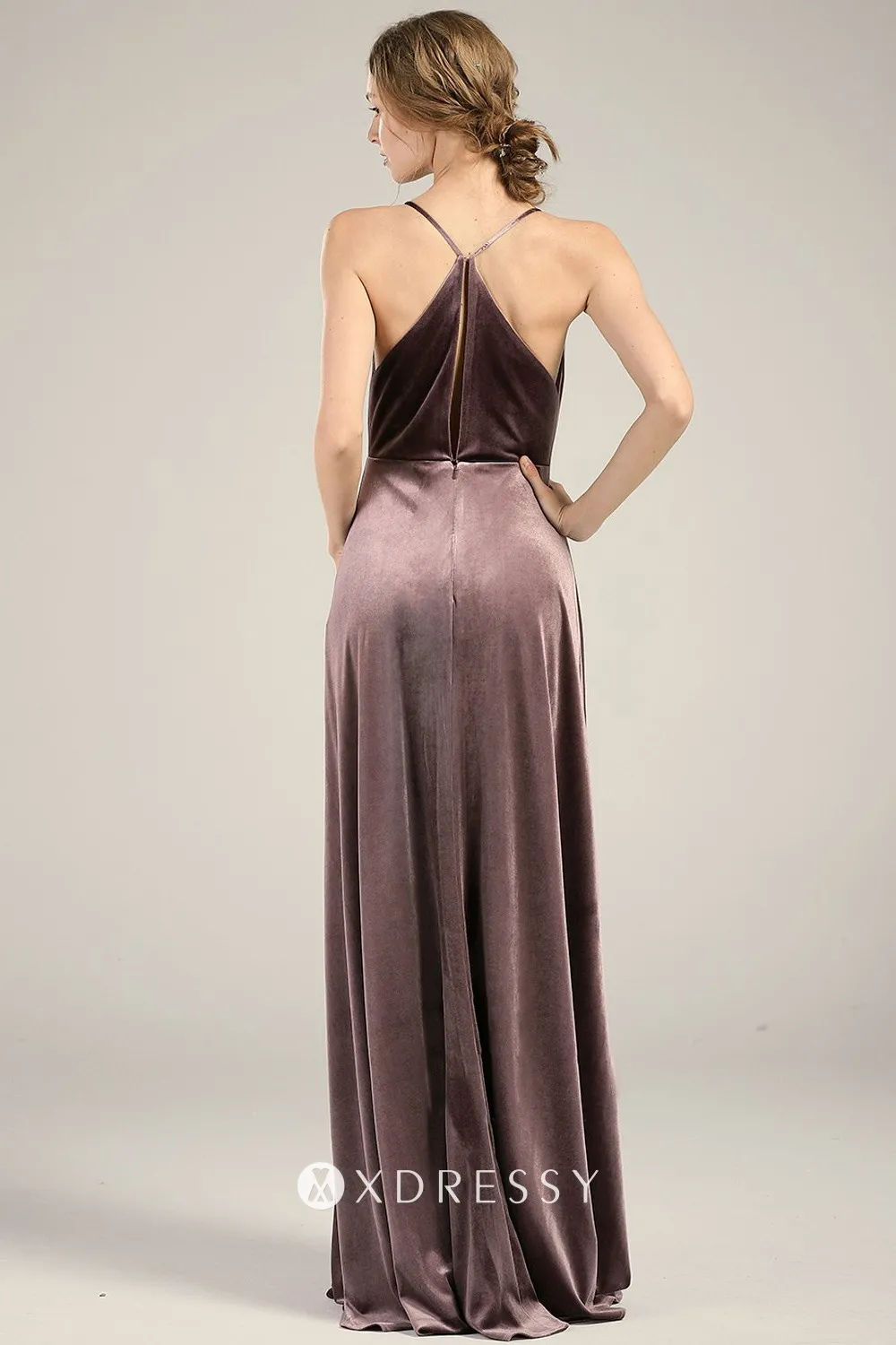 keyhole back floor length A line mocha brown velvet bridesmaid gown keyhole back floor length A line mocha brown velvet bridesmaid gown