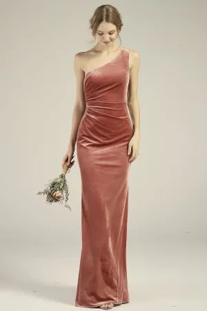 Fashion one shoulder draped velvet bridesmaid gown