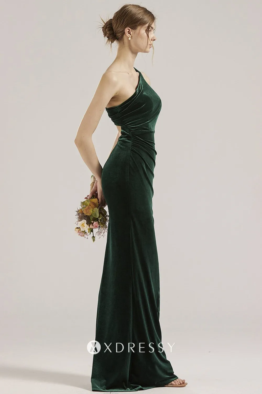 one shoulder draped dark green velvet bridesmaid gown one shoulder draped dark green velvet bridesmaid gown