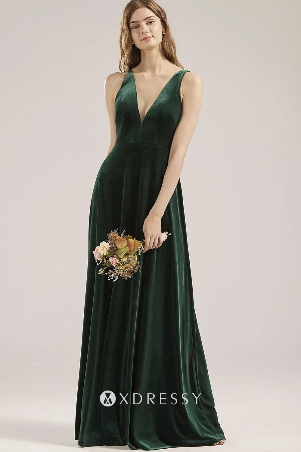 dark green velvet V neck sleeveless bridesmaid gown dark green velvet V neck sleeveless bridesmaid gown