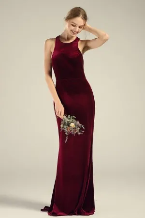 sheath silhouette crew neck wine velvet fitted bridesmaid dress