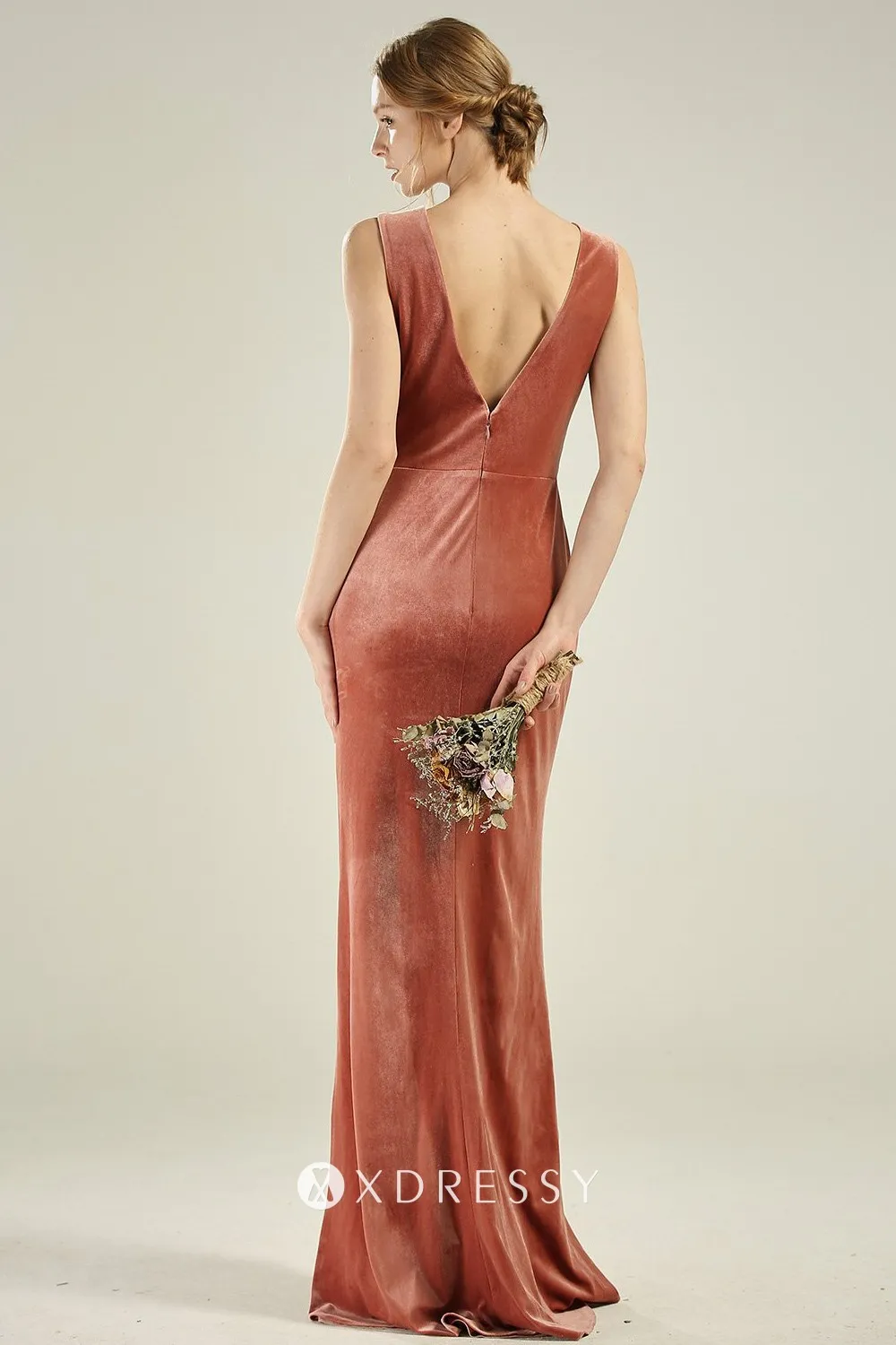 V back English rose velvet bridesmaid dress