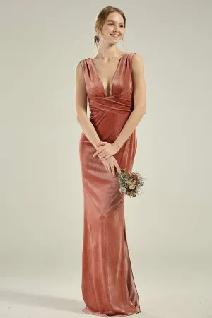 deep V neck empire waist English rose velvet bridesmaid dress
