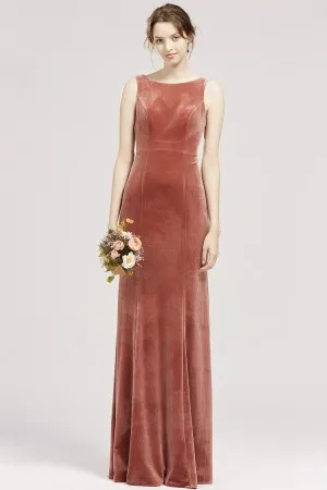 boat neck English rose velvet sheath bridesmaid dress