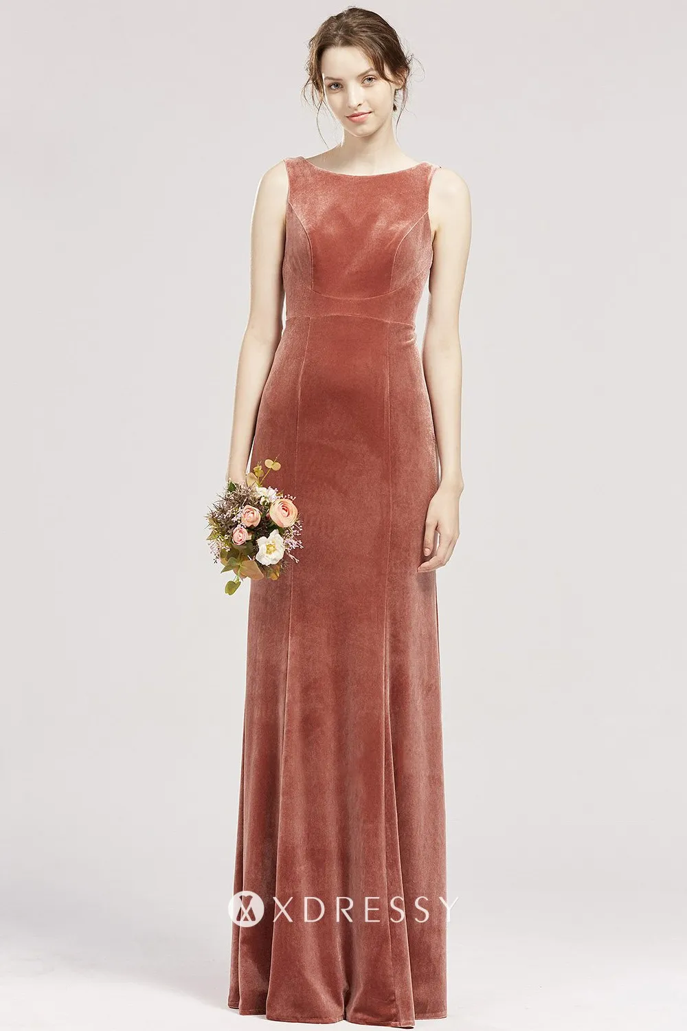 boat neck English rose velvet sheath bridesmaid dress