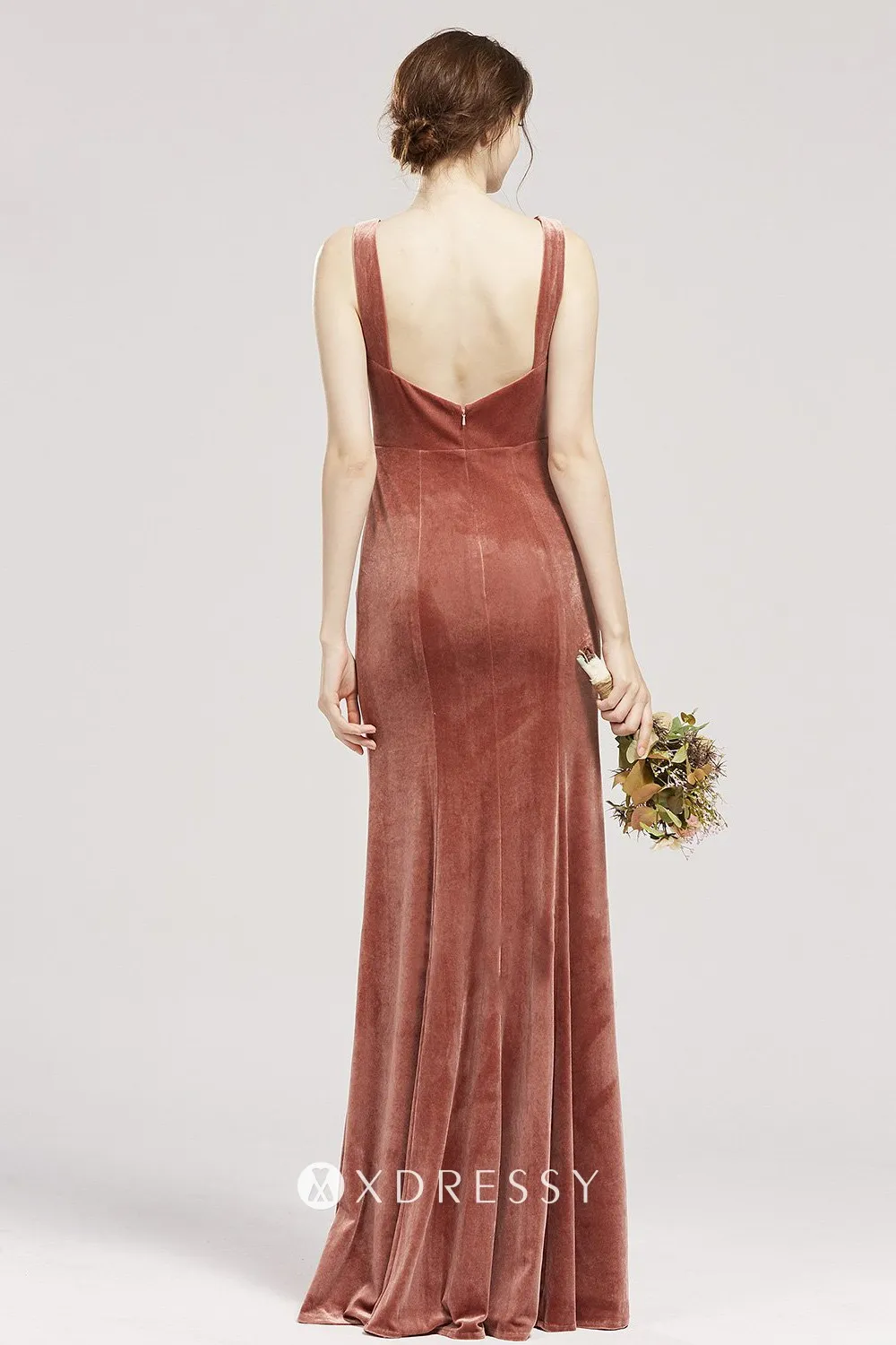 low back English rose velvet sheath bridesmaid dress