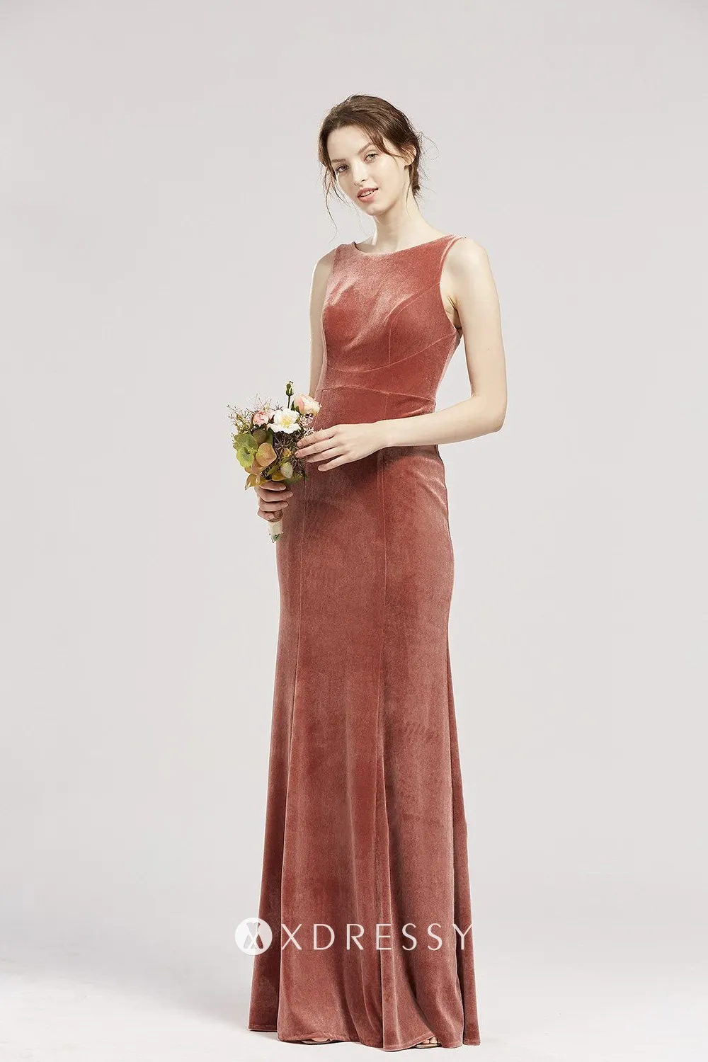 sleeveless boat neck English rose velvet sheath bridesmaid dress