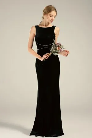 elegant boat neck black velvet fitted bridesmaid dress